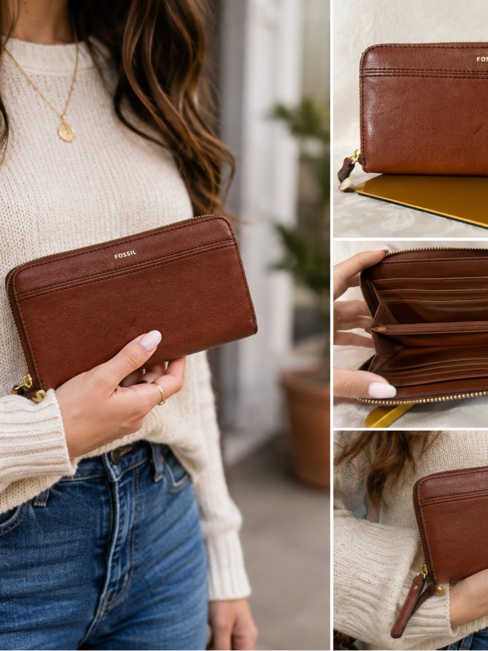 Fossil Tiegan Leather Zip Around Wallet Brown Continental Clutch RFID